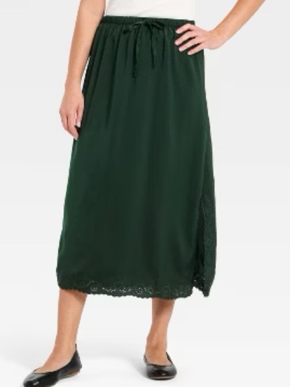 NWT Women's Dark Green Drawstring Maxi Skirt with Lace Trim